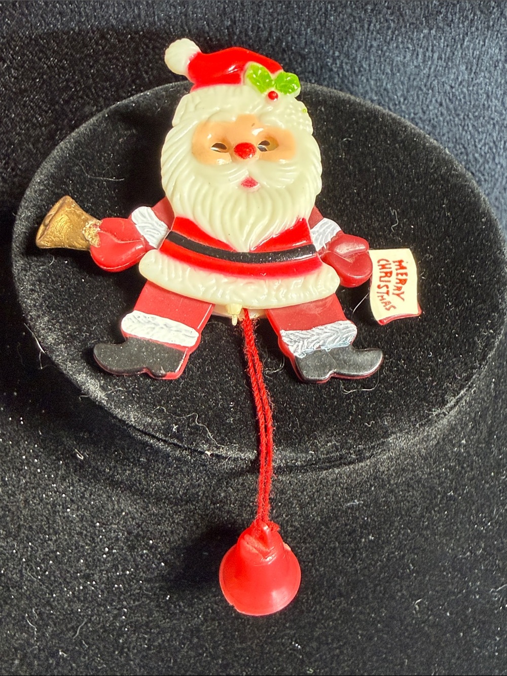Vintage  Red Santa Pull-String Plastic Brooch